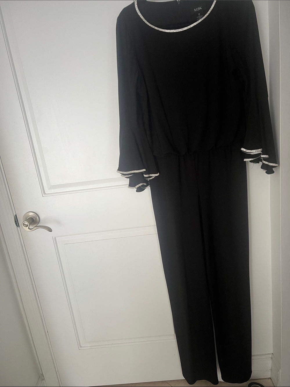 MSK Black Long-Sleeve Jumpsuit with Silver sparkle Accent Trim